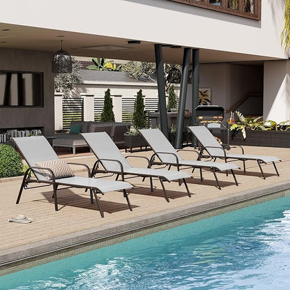 Crestlive Outdoor Chaise Lounge Chair,5-Position Pool Lounge Chairs with Armrests Sunbathing Recliner for Patio,Beach,Deck,Yard (4PC Brown)