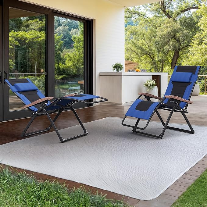 PURPLE LEAF Oversized Outdoor Reclining Chair Patio Zero Gravity Chaise Lounge Folding Chair with Quilted Cushion Adjustable Headrest for Lawn Camping Beach Pool Navy Blue and Black