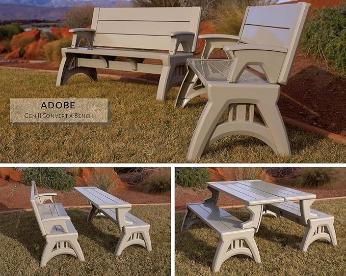 Convert-a-Bench Gen 2 2-in-1 Outdoor Convertible Bench to Picnic Table | Space-Saving, Weather-Resistant Patio Furniture for Yard, Deck, Garden | Easy Assembly & Durable - 1 Bench/Order, Adobe