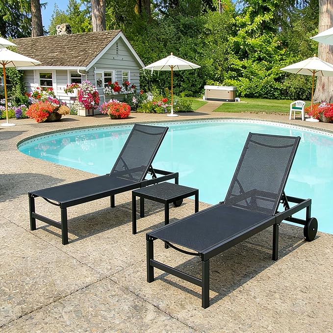 PURPLE LEAF Outdoor Chaise Lounge Chairs Set Recliner Aluminum Adjustable Chair with Wheels and Side Table for Poolside Beach Patio Sunbathing Lounger, Navy Blue