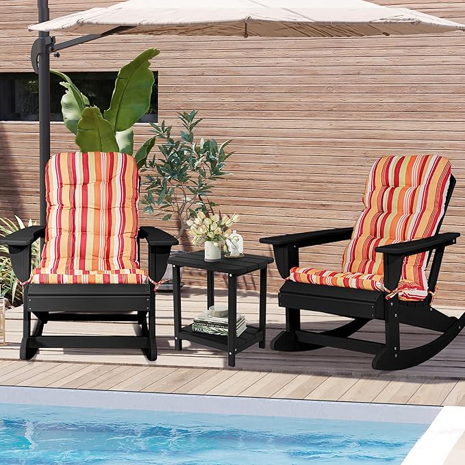 Sundale Outdoor Adirondack Rocking Chair with Cushion Set of 2, Patio Plastic All Weather HDPE Rocker for Proch, Water Resistant for Outside, Garden, Pool, Yard, Black