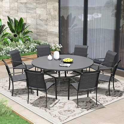 Patio Dining Table for 4-6, Round Metal Outdoor Table with 1.57" Umbrella Hole, 47" Outdoor Slat Tabletop Dining Table for Backyard, Porch, Lawn, Dark Grey
