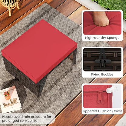 RELAX4LIFE Wicker Outdoor Ottoman Set of 2 - Rattan Footstools Foot Rest w/Removable Cushions, Multipurpose Side Table & Additional Seating, Outdoor Ottomans for Patio Garden Porch (Brown-Red)