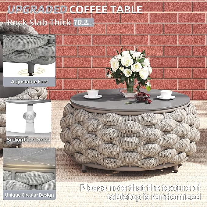 TWT Outdoor Coffee Table Round Centerpiece Table, Lightweight Accent Table with Hand Woven Rope Decor for Garden and Patio(Polyester Rope, Light Grey)