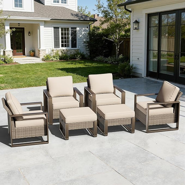 6 Pieces Metal Wicker Patio Furniture Set - Four Armchairs and Two Ottomans - Photo 1