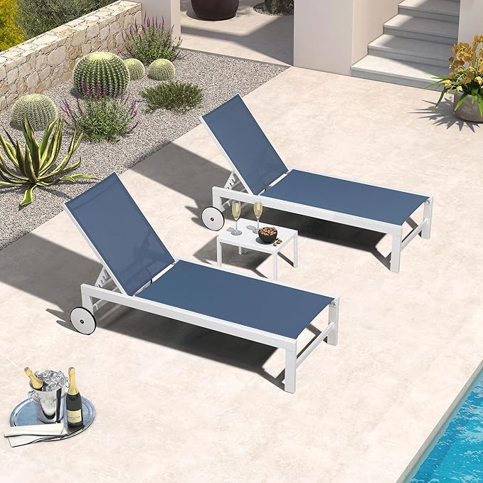 PURPLE LEAF Outdoor Chaise Lounge Chairs Set of 2 White Aluminum Lounge Chair Five-Position Adjustable Chaise with Wheels and Table for Pool Deck Patio, Indigo