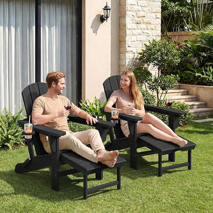 KINGYES Folding Adjustable Adirondack Chair with Retractable Ottoman, HDPE Recliner Adirondack Chair with Cup Holder, Black