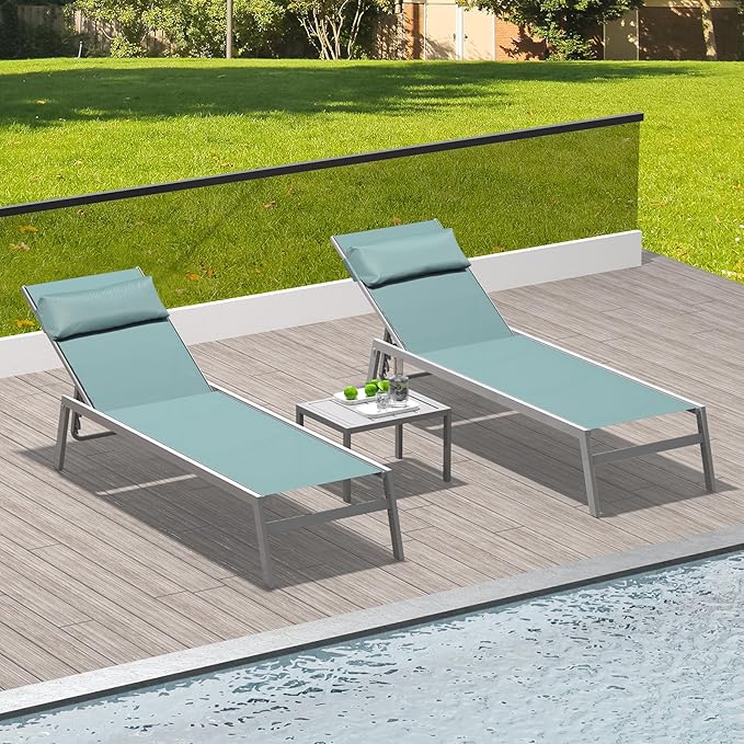 Domi Patio Chaise Lounge Set of 2 with Side Table, Aluminum Adjustable Pool Lounge Chairs - Photo 1