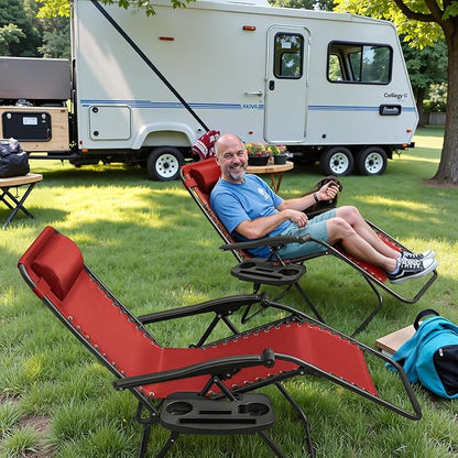 Greesum Zero Gravity Chairs Set of 2 Adjustable Steel Mesh Recliners Beach Deck Lawn Camping Patio Foldable Lounge Chair with Cup Holder Trays and Pillows,Red