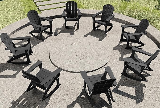 SERWALL Outdoor Adirondack Rocking Chairs Set of 8, All-Weather HDPE Adirondack Rocker Chair, Front Porch Rocker Chairs for Patio Lawn Porch Deck, Black