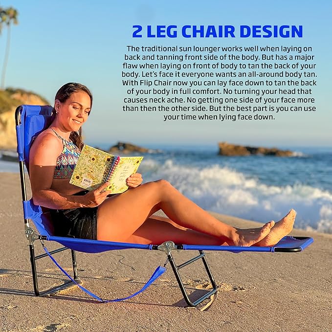 Face Down Tanning Chaise Lounge Chair - Face & Arm Holes - 2 Legs Support - Polyester Material – Backrest Positions - Head Rest Pillow - Beach or Home Use – Read and Tan - Blue Stripes Pattern