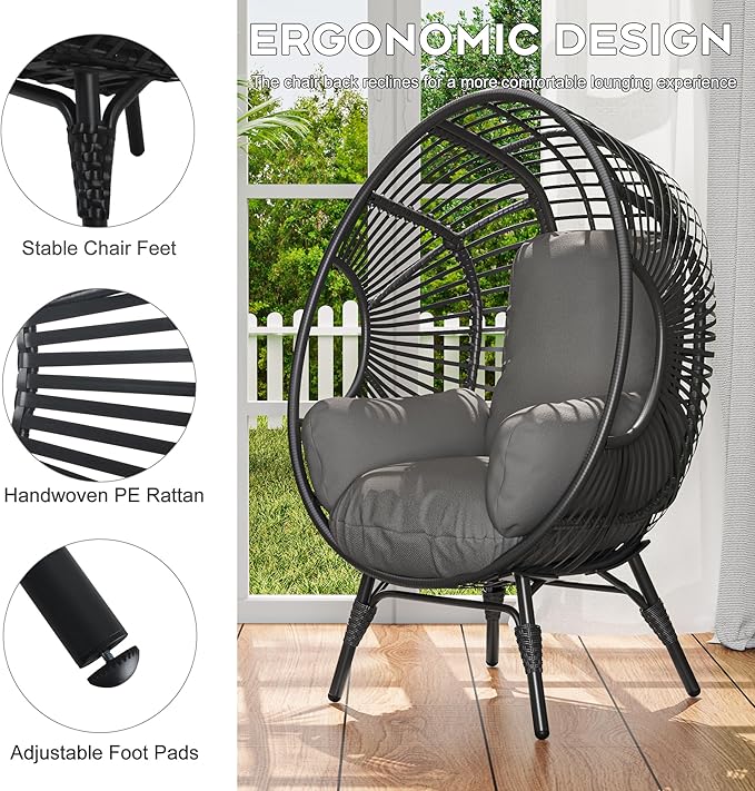 Patio Egg Chair, Oversized Outdoor Wicker Egg Chair with 8" Thick Cushion, PE Rattan Lounge Chair with Steel Frame for Balcony, Backyard, Garden, Sunroom, Black＋Gray