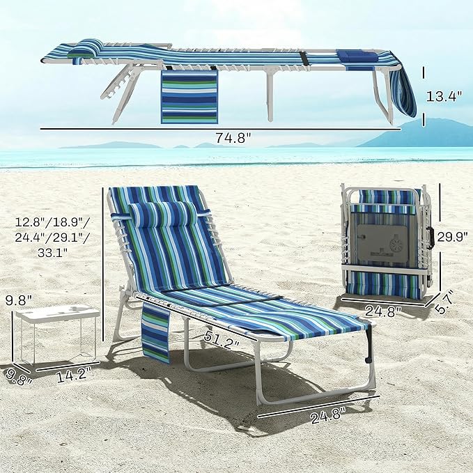 Outsunny Tanning Chair Set of 2 with Face Hole, Side Table, 5-Position Reclining Folding Chaise Lounge Chair Outdoor Lounger Recliner, Carry Straps for Beach Pool Camp, Oxford Fabric, Blue Stripe