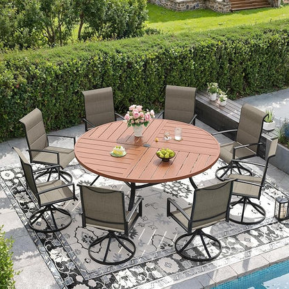 DIFY 59.8" Round Outdoor Patio Dining Table for 8-10, All-Weather Metal Steel Slatted Patio Table with 1.57" Adjustable Umbrella Hole for Garden, Backyard, Deck, Walnut