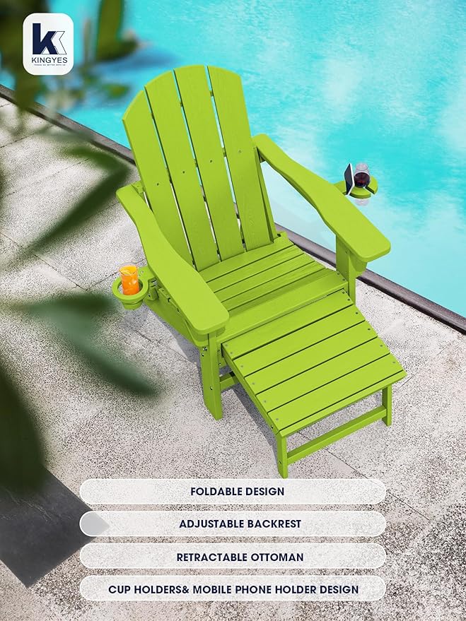 KINGYES Folding Adjustable Adirondack Chair with Ottoman, HDPE Adirondack Recliner Chair with Footrest, Apple
