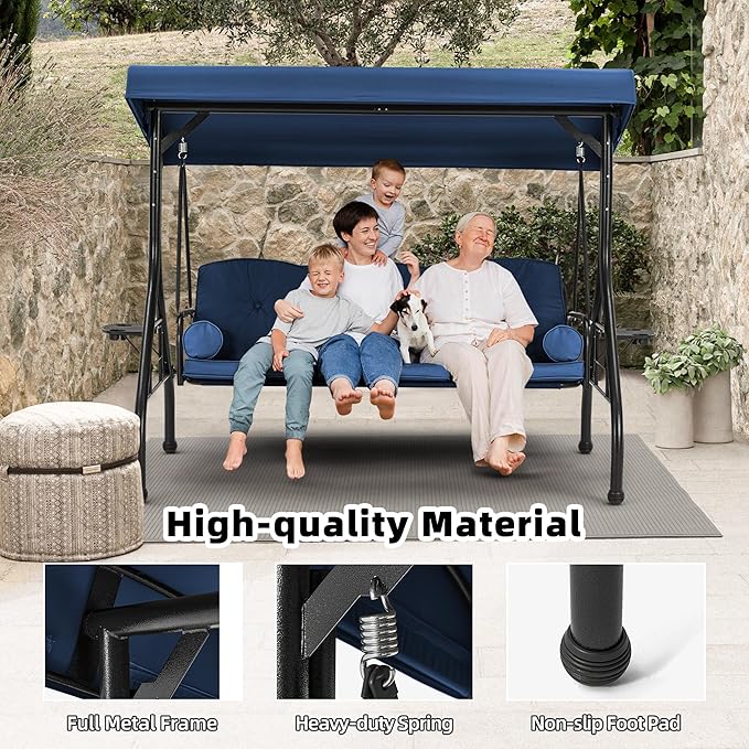 HOMREST 3 Seat Outdoor Porch Swing with Adjustable Canopy, Convertible Patio Swing Bed with Stand - Photo 3