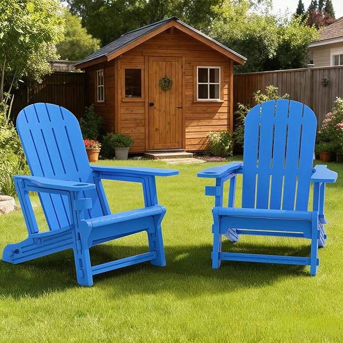 Vongrasig Adirondack Chairs Set of 2 with Removable Tabletop, All-Weather HDPE Outdoor Chair Set with Wooden Textured, Cup Holder for Patio, Poolside, Deck, Garden, Light Blue