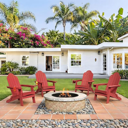 LUE BONA Folding Adirondack Chair Set of 4, Bright Red HDPS Fire Pit Patio Chairs Weather Resistant, Modern Plastic Outdoor Chairs with Cup Holder