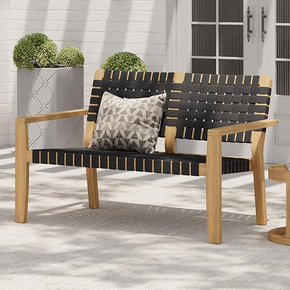 Christopher Knight Home Lenno Patio Loveseat, Acacia Wood Outdoor Bench, Woven Rope Armchair, 2 Seater Bench, Spacious Seating Sofa, Outdoor Acacia Wood Loveseat for Gardern Poolside Porch, Black