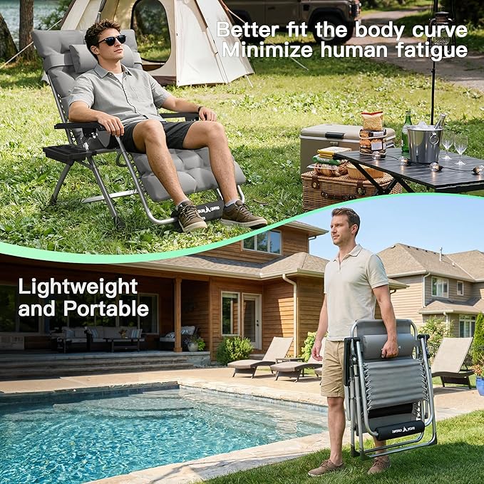 Amopatio Oversized Padded Zero Gravity Chair, XL 29In Reclining Camping Lounge Chair w/Removable Cushion&Headrest - Photo 7