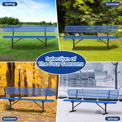 8FT Heavy Duty Park Bench with Back Portable Frame, Outdoor Steel Bench with Backrest, Outdoor Park Bench Expanded Metal Mesh Bench for Lawn, Park, Deck, Garden, Patio, Porch, Black (Blue, 8FT)