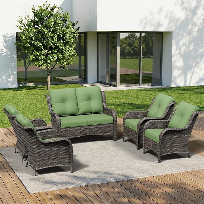 5 Piece Outdoor Wicker Patio Furniture Set, Patio Chairs Set with Thickened Olefin Cushions, High Back and Deep Seating, Hand-Woven PE Rattan for Porch, Deck