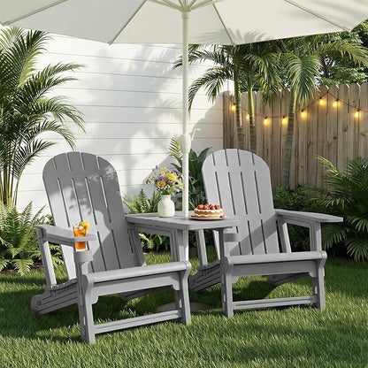 JY QAQA Outdoor Adirondack Chair Set of 2, All-Weather HDPE Patio Furniture with Detachable Table, Wood Texture & Cup Holder for Patio, Poolside, Garden, Light Grey