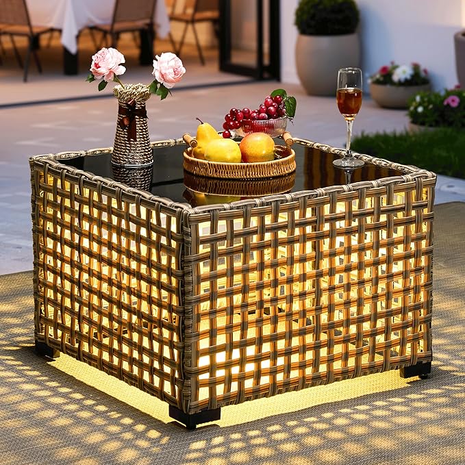 ovios Outdoor Side Table with Tempered Glass Top, Patio Wicker Rattan Solar Lights Tables for All-Weather Porch Deck Balcony Garden Poolside (Mixed Brown-Medium Size)