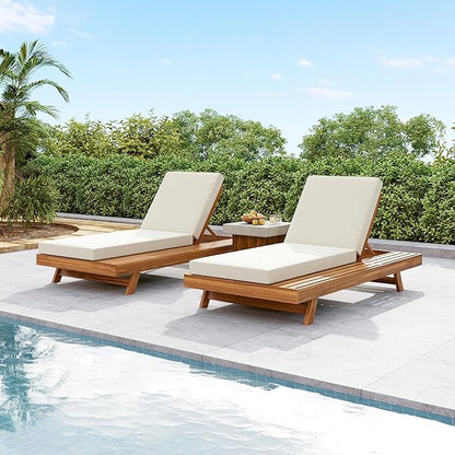 2-Piece Patio Lounge Chair Set with Side Space, Outdoor Chaise Lounge Adjustable & Breathable Acacia Wood Frame, Water-Resistant Cushions(Cream & 4 Inch Thick & Double FOLD)