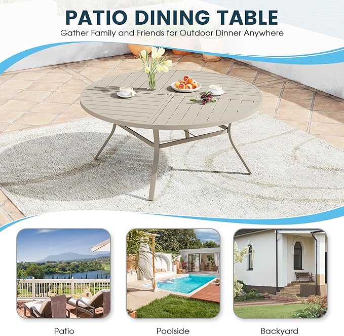 Patio Dining Table for 8-10, Round Metal Outdoor Table with Storage Shelf, 1.57" Umbrella Hole, 60" Outdoor Quartered Tabletop Dining Table for Backyard, Porch, Lawn, Sand