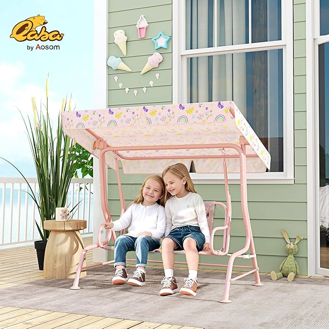 Qaba Kids Patio Swing, 2-Seater Outdoor Porch Swing Chair with Adjustable Canopy, Safety Belt - Photo 2