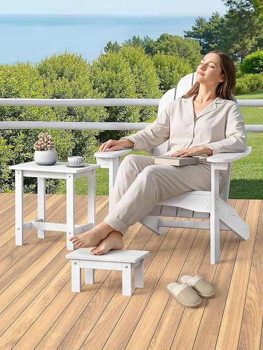 LUE BONA Outdoor Side Table, 2-Tier HDPS Outdoor Nesting End Table with Removable Small Foot Stool for Patio, Deck, Poolside, Low Maintenance & Weather Resistant, White