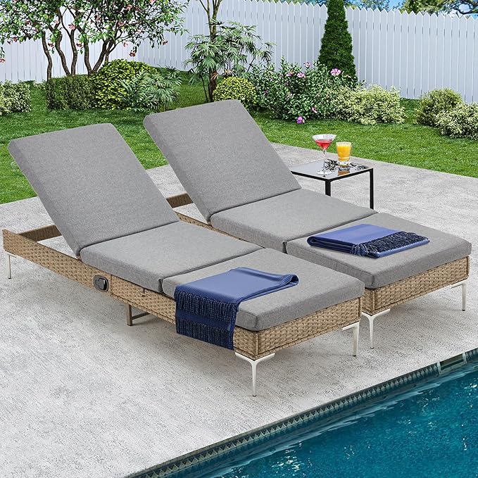 HOMREST Outdoor Chaise Lounge Chair Set of 2, Rattan Pool Sunbathing Recliner with Adjustable Backrest - Photo 7