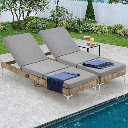 HOMREST Outdoor Chaise Lounge Chair Set of 2, Rattan Pool Sunbathing Recliner with Adjustable Backrest, Patio Wicker Lounge Chairs with Removable Cushion (Grey)