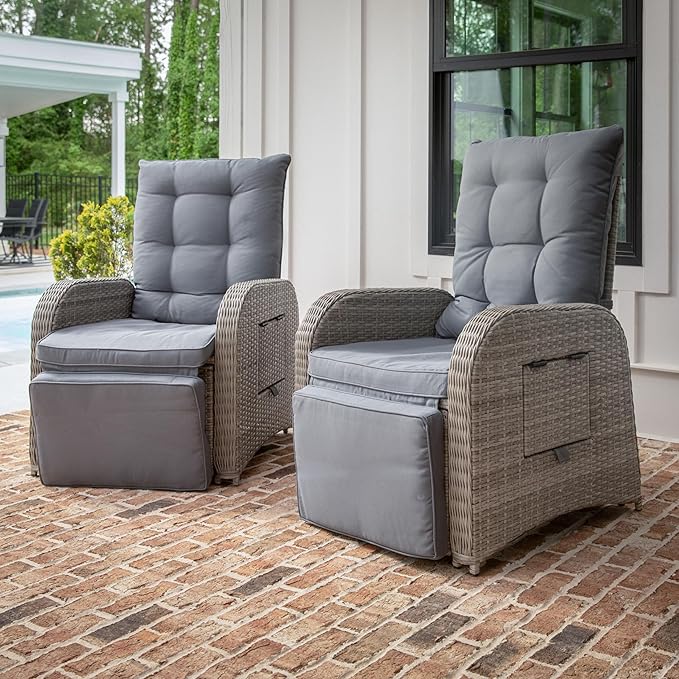 BizChair Indoor/Outdoor Patio Wicker Rattan Recliner Lounge Chair with Flip up Side Table, Gray - Photo 1