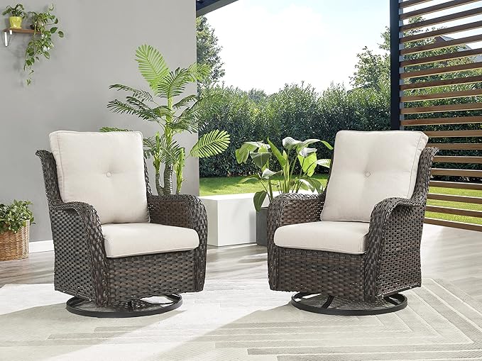 Rilyson Wicker Rocking Chair Swivel Chairs - 3 Piece Rocker Patio Furniture Set Rattan Rocking Bistro Sets with Glass Top Side Table for Outdoor Porch Deck Garden Backyard (Brown/Beige)