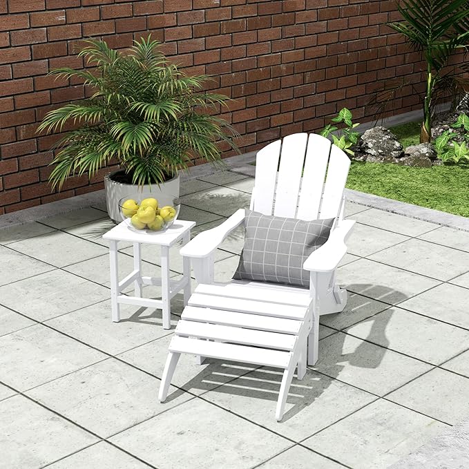 WO Home Furniture 3pc Set - HDPE Poly Adirondack Chair with Ottoman/Footrest and Square Side Table, All Weather and UV Resistant for Outdoor Patio Backyard, Garden, White