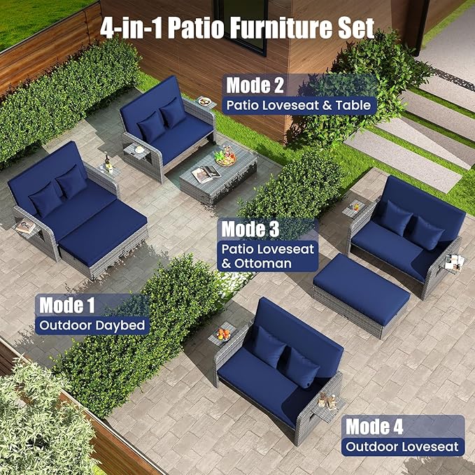 LDAILY Moccha Outdoor Daybed, Wicker Loveseat Sofa Set with 4-Postion Adjustable Backrest, Storage Ottoman, Cushions - Photo 4
