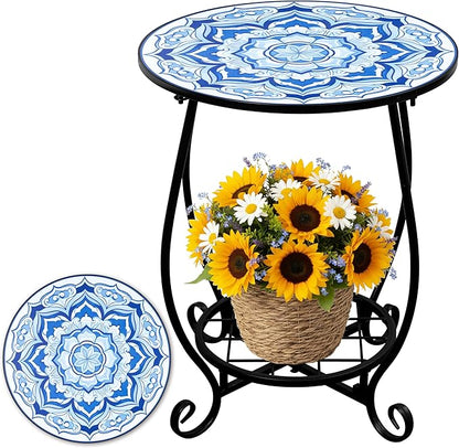 Mosaic Outdoor Side Table - Round Small Flower Patio Accent with Plant Stand, 14" Tea Coffee Metal Outside End Table for Balcony Garden Yard Patio Porch Indoor Living Room Bedroom Decor