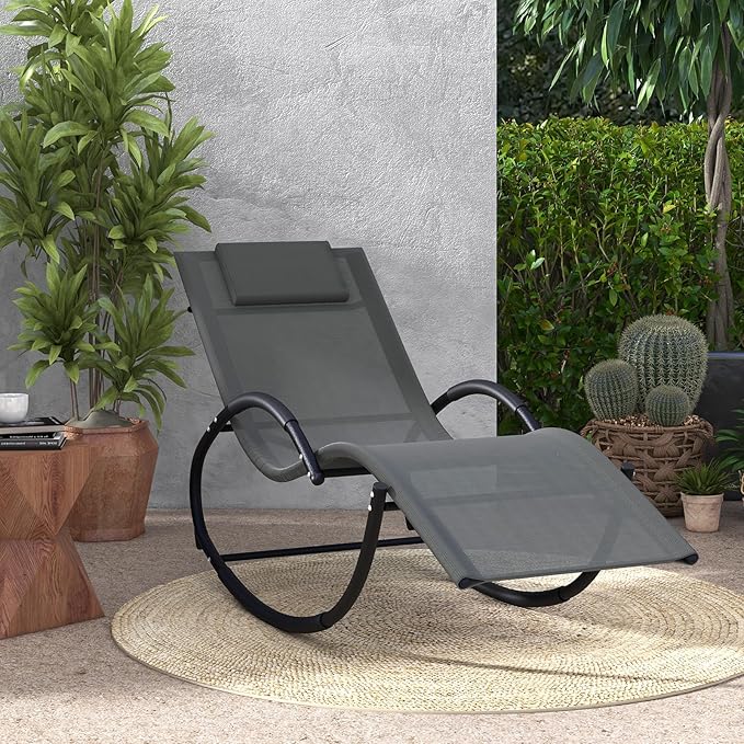 Giantex Outdoor Rocking Lounge Chair, Zero Gravity Rocking Chair with Removable Headrest, Breathable Backrest & Seat - Photo 2