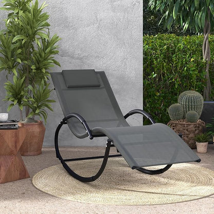 Giantex Outdoor Rocking Lounge Chair, Zero Gravity Rocking Chair with Removable Headrest, Breathable Backrest & Seat, Wrapped Armrests, Cozy Sun Lounger for Patio, Pool, Yard, Garden, Grey