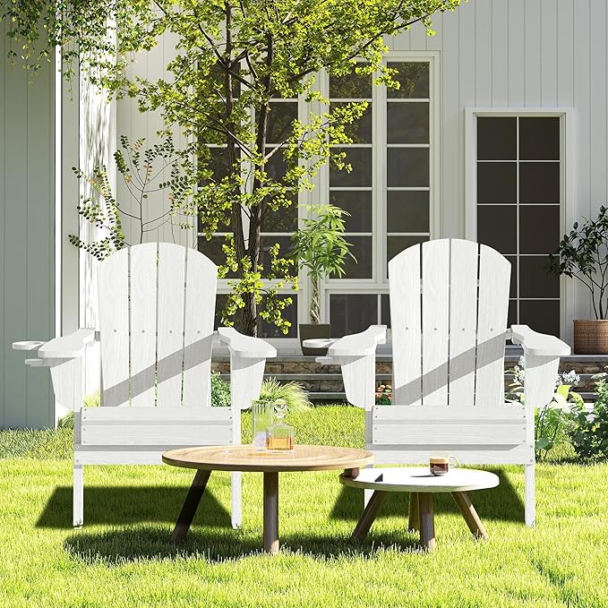 Folding Adirondack Chair with Cup Holder, HDPE All-Weather Folding Patio Chair, Outdoor Patio Adirondack Chair for Lawn Porch Garden Backyard Deck Fire Pit, White