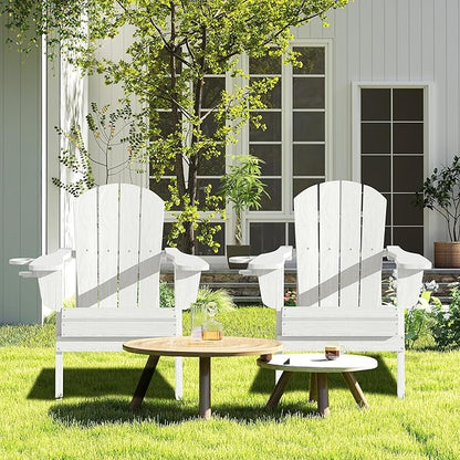 Folding Adirondack Chair with Cup Holder, HDPE All-Weather Folding Patio Chair, Outdoor Patio Adirondack Chair for Lawn Porch Garden Backyard Deck Fire Pit, White