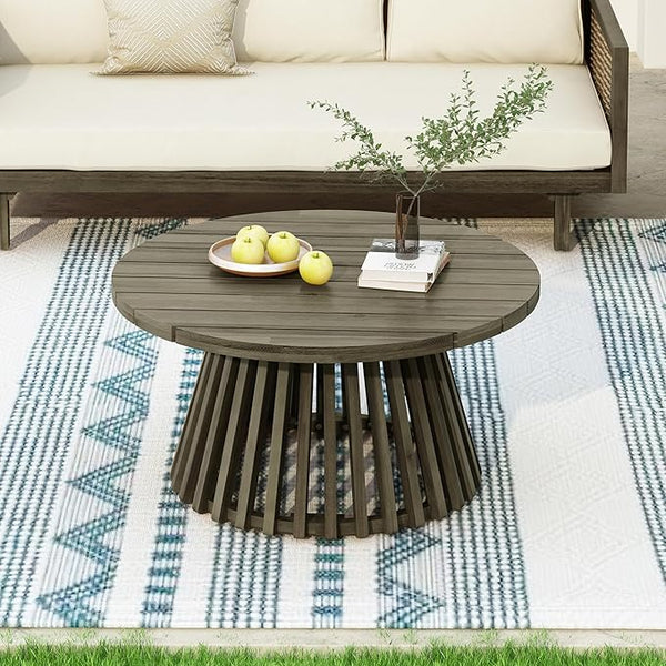 Merax Patio Outdoor Acacia Wood Round Coffee Table for Backyard, Lawn, Balcony, Grey Finish - Photo 1