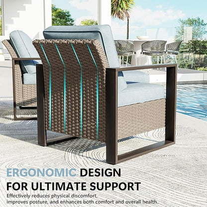Patio Chairs Set of 2, Outdoor Wicker Chair Metal Patio Furniture with Deep Seating, Thicken Cushions for Deck, Porch, Yard Use (Azure, 2 PCS/Chairs)
