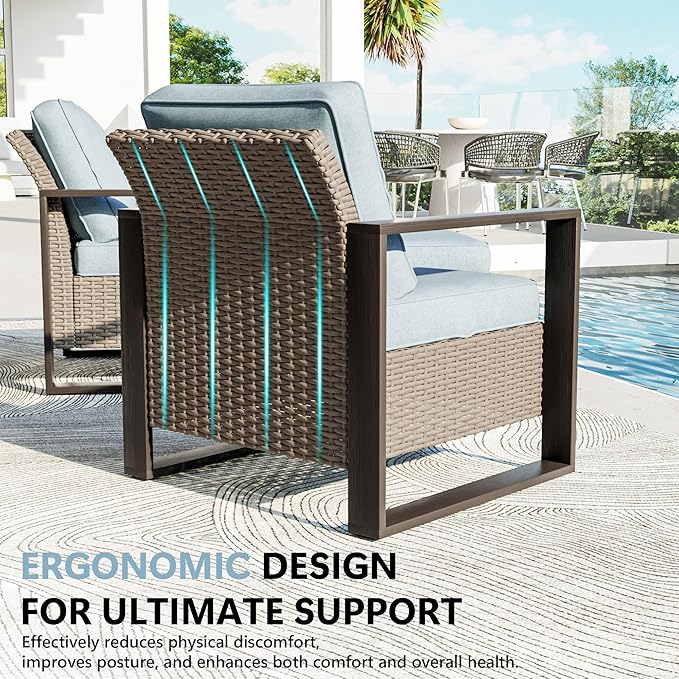 3 Piece Patio Chair Set, Outdoor Wicker Chair and Side Table, Metal Patio Furniture with Deep Seating, Thicken Cushions for Deck, Porch, Yard Use (Azure, 3 PCS/Chairs)