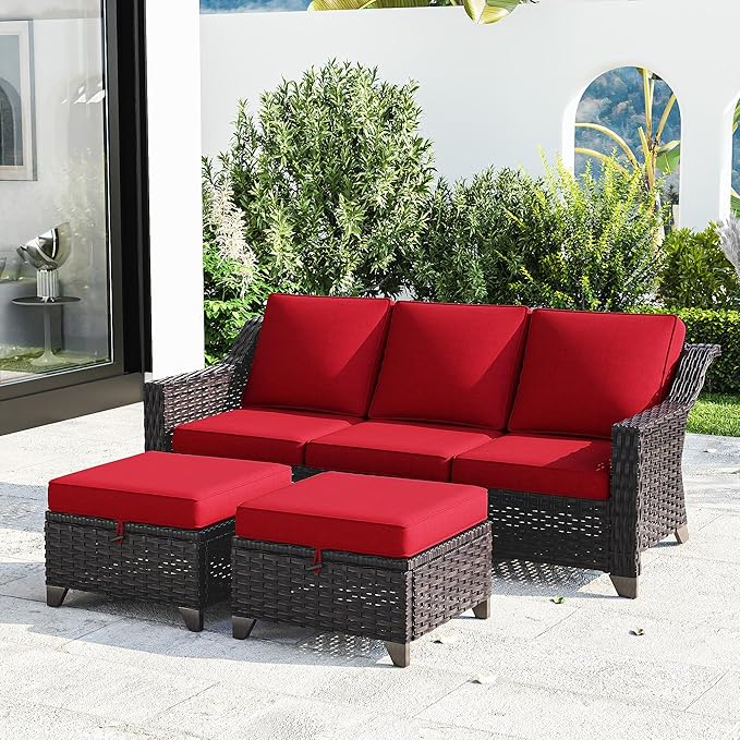 Joyside Patio Furniture Set, 3 Pieces Outdoor Wicker High Back Sofa with Ottoman and Comfy Cushions, Upgraded Large Size - Photo 1