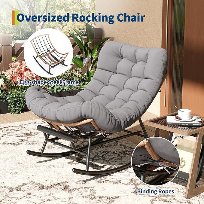 Outdoor Rocking Chair with Footrest, Oversized Patio Papasan Chairs with Cushion - Photo 6