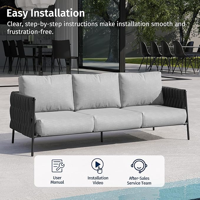 East Oak Life Chatter Outdoor Patio Furniture | Outdoor Sofa 3 Seats with Waterproof Thick Cushions | Deep Seating Modern Patio Sofa for Garden, Porch, Balcony & Backyard | Misty Grey