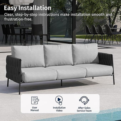 East Oak Life Chatter Outdoor Patio Furniture | Outdoor Sofa 3 Seats with Waterproof Thick Cushions | Deep Seating Modern Patio Sofa for Garden, Porch, Balcony & Backyard | Misty Grey